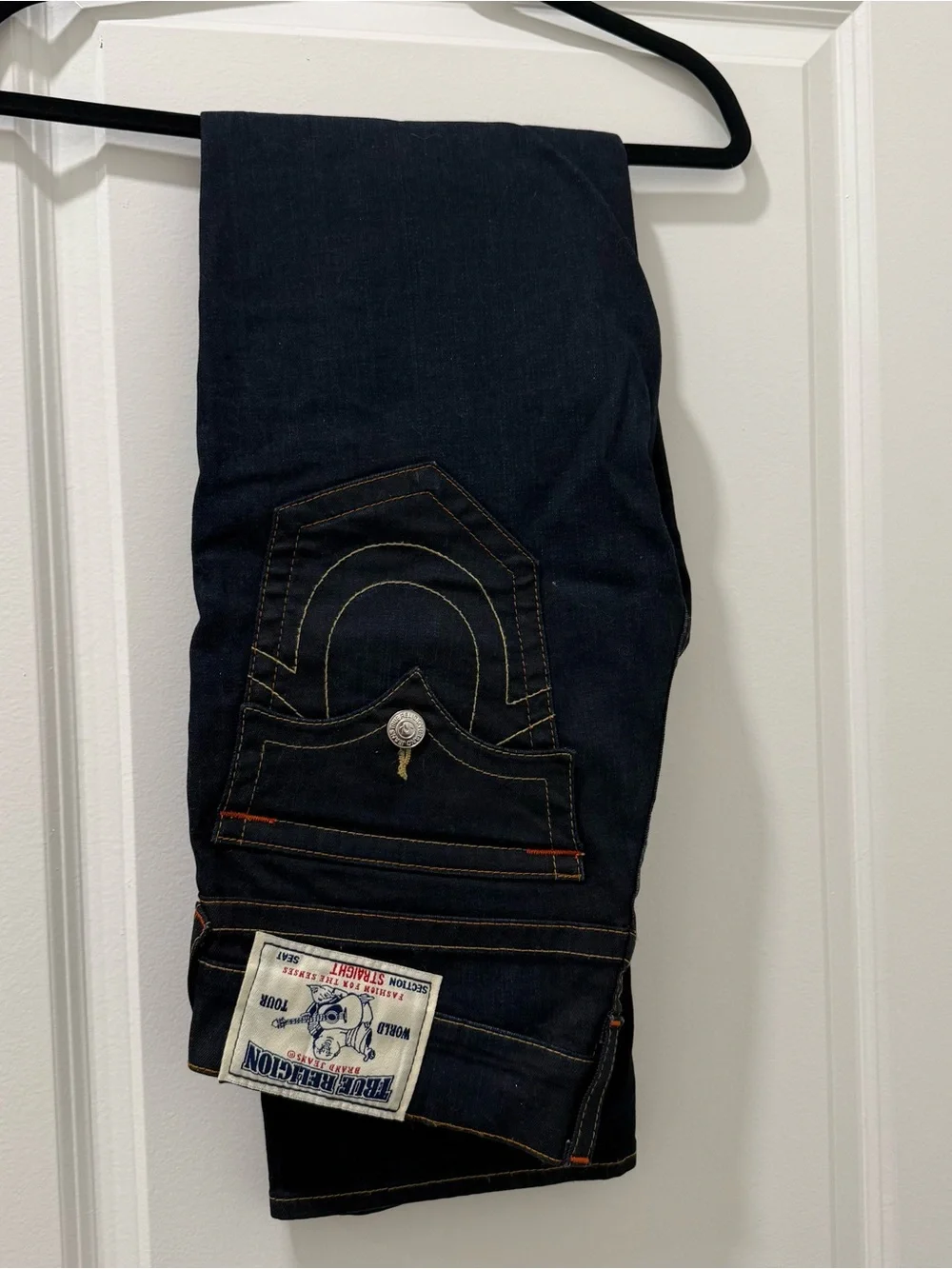 True Religion Men's Dark Blue Denim Jeans with Contrast Stitching